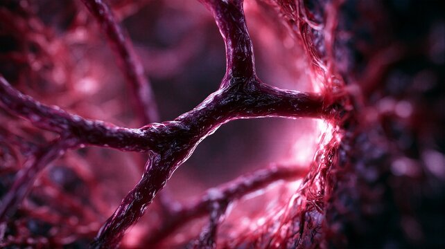 Microscopic journey inside a glowing red human artery showing branching blood vessels and organic tissue structures