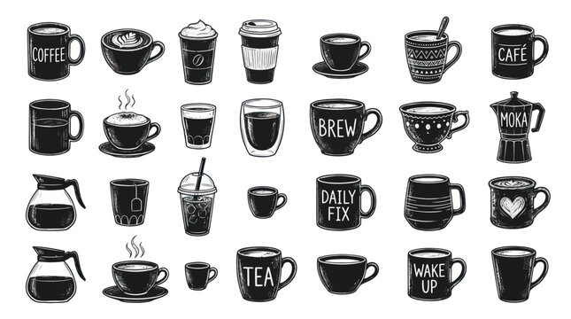 Variety of coffee and tea cups with mugs and carafes