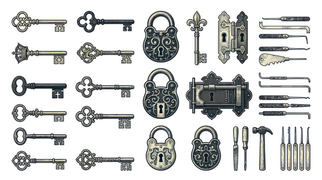 Vintage locksmith set with ornate skeleton keys and antique padlocks