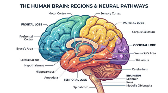Human brain anatomy diagram showing regions and neural pathways