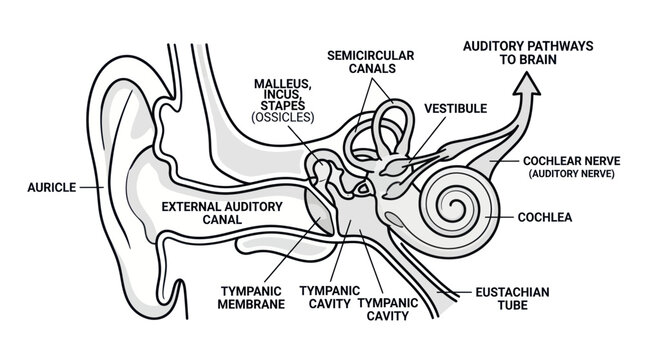 Human ear anatomy diagram with labeled auditory structures