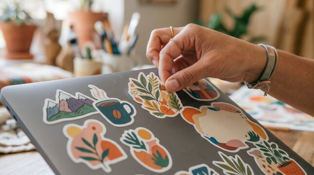 Woman placing decorative sticker on laptop case. Personalizing electronic device with art decal. Creative hobby, customization and individual expression using graphic design elements on computer