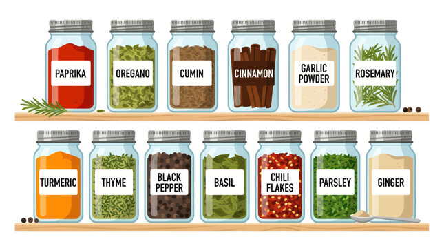 Glass spice jars with various herbs and seasonings on wooden shelves