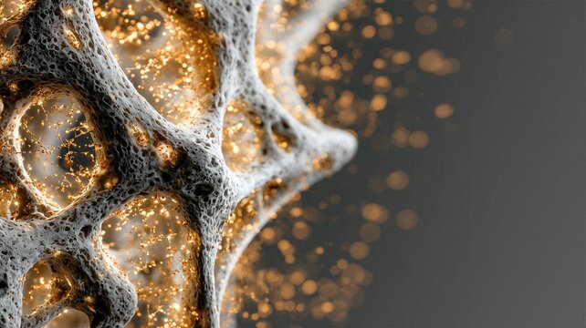 Detailed macro render of organic biological network and bone trabeculae filled with radiant golden cellular energy