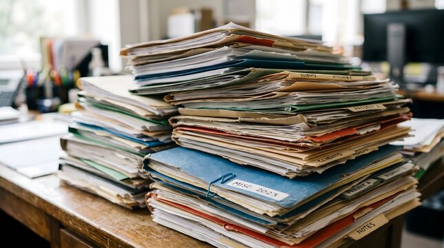 Tower of vintage file folders and documents office clutter