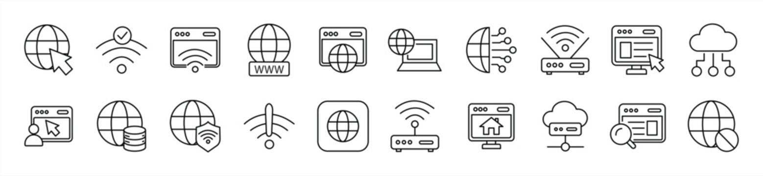 Internet icon set. Contains icons for websites, links, data, web, online, domains, technology, modems, VPNs, hosting, connections, and more. Vector illustration.