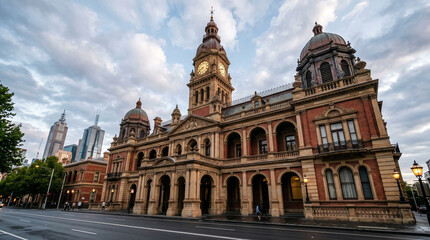 Obraz premium Historic ornate architecture building on a city street at golden hour.