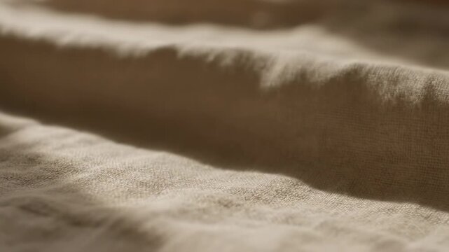 Close up macro shot of light brown crumpled fabric texture with soft natural light highlighting folds and details, textile background