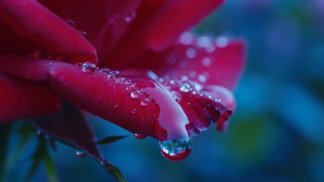 Extreme closeup of a deep red rose petal covered in glistening water droplets, showing texture and refraction, with a soft blue bokeh background, perfect for nature themes