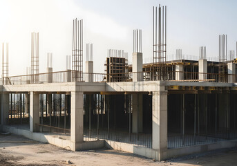Naklejka premium A construction site with a partially built building featuring concrete pillars and steel rods under a clear sky.