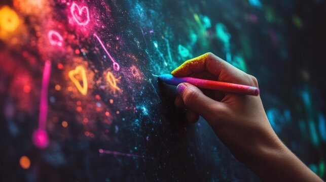 A hand holding a neon marker draws on a dark surface, creating bright, colorful shapes and lines.
