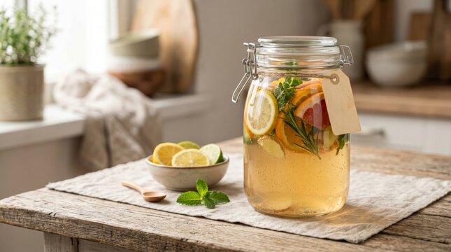 Glass jar with fermented kombucha drink infused with citrus slices and herbs on wooden table. Healthy homemade probiotic tea with ginger and lemon. Sustainable kitchen lifestyle and wellness concept