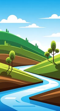 Vivid Vectorscape: Gentle River Weaving Through Stylized Green Hills
