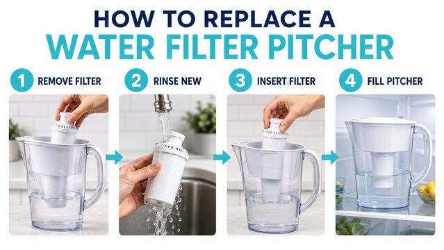 Woman changing water filter in pitcher. Step by step infographic guide explaining how to replace cartridge, rinse, insert, and fill drinking water container for home kitchen maintenance