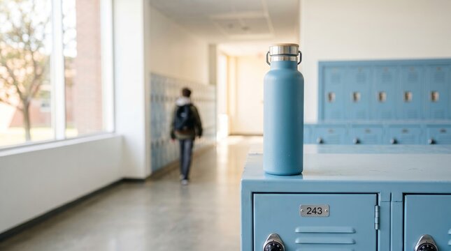 Blue water bottle sitting on top of metal school locker. Student blurred in background of hallway. Concept of healthy hydration for teenager during school day lifestyle at education facility