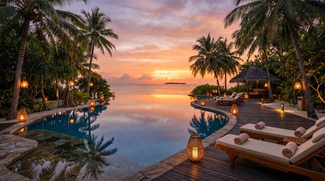 Luxury tropical resort infinity pool with palm trees at sunset. Exotic vacation destination with lounge chairs on wooden deck by ocean. Serene travel relaxation scene for summer holiday getaway