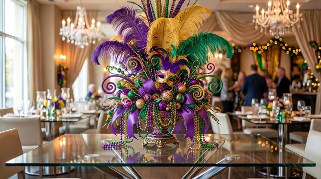 Lively mardi gras centerpiece with colorful feathers and beads in elegant dining setting. concept of festive celebration, vibrant decor, seasonal event decor, cultural festivity.