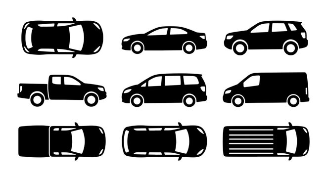 Diverse Vehicle Silhouettes Collection, Top and Side Views: Cars, SUVs, Trucks, Vans, Sedans, Minivans for Transportation Graphics