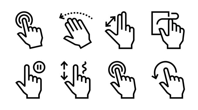 Touchscreen hand gesture line icons representing tap, swipe, zoom and scroll actions on white background, perfect for user interface design, mobile app development and website navigation