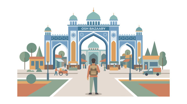 Tourist with backpack at Osh Bazaar entrance, Kyrgyzstan, amidst traditional architecture and market stalls