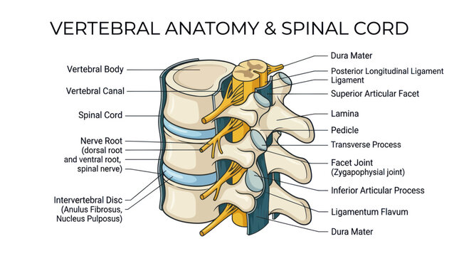 Anatomical diagram of vertebral column and spinal cord structure