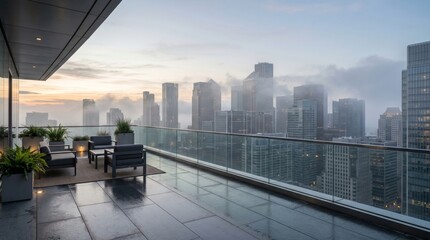 Obraz premium Modern financial district rooftop terrace overlooking skyscrapers in fog. Luxury balcony lounge area with urban city skyline, copy space
