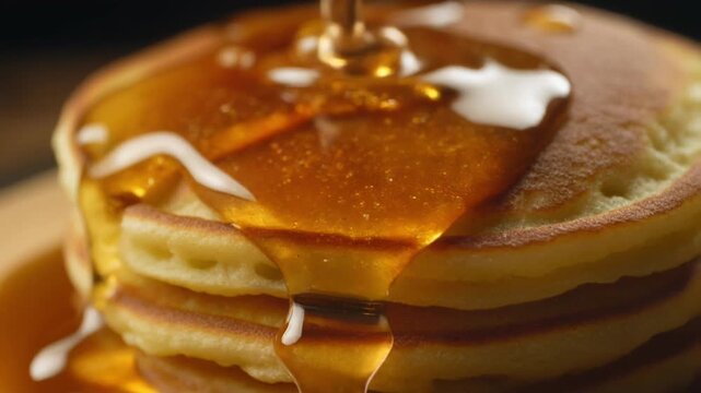 Close-up of golden syrup pouring over a stack of fresh fluffy pancakes. Macro video of sweet golden syrup pouring onto a fresh stack of fluffy breakfast pancakes.