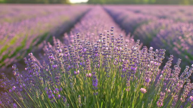 Rows of blooming lavender field at sunset, with purple flowers and green stems, ideal for summer, nature, and relaxation themes