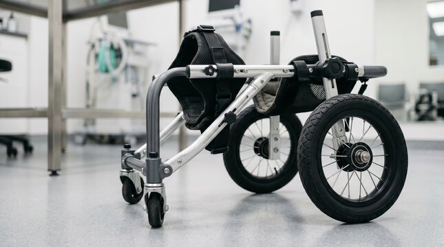 Wheelchair for dog in veterinary clinic. Pet mobility equipment for injured animal rehabilitation. Medical device for paralyzed pet physiotherapy support in animal hospital environment