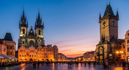 Fototapeta premium Historic european city square at sunset with gothic architecture and cobblestones