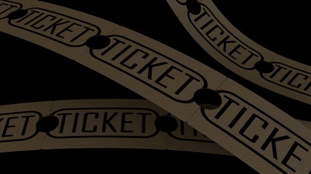 A 3d animation of multiple unending rolls of vintage paper stubs  continuously glide and weave across a dark background in a layered, overlapping loop sequence.