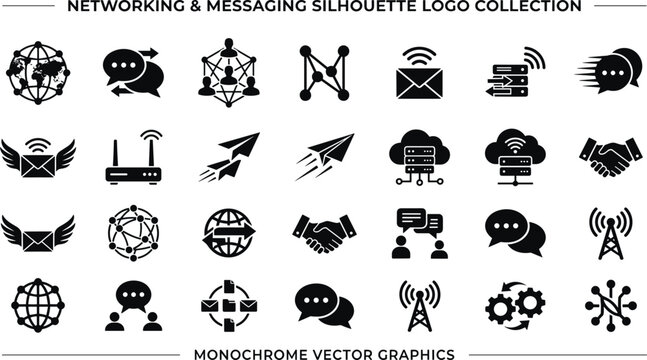 Networking and messaging silhouette logo collection featuring monochrome vector graphics of global data servers, cloud storage, speech bubble chats, and online communication elements.