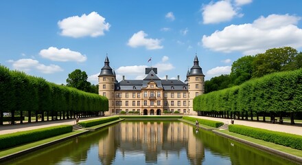 Fototapeta premium Historic european palace with reflecting pond and manicured hedges on a sunny day
