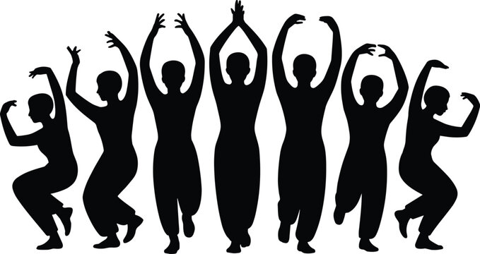 Silhouettes of seven dancers in dynamic poses with arms raised