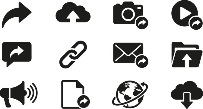 Online content sharing silhouette icons set featuring flat black symbols for cloud upload, photo sharing, video streaming, email messages, hyper links, and global digital networking