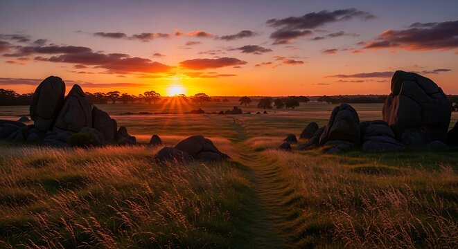 Mysterious monoliths at sunset over a golden grassy field