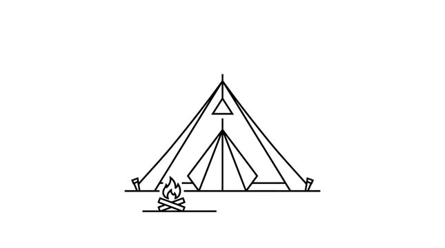 Minimalist line art of camping tent and campfire icon