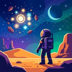 Fototapeta premium Faceless astronaut in a spacesuit standing on a rocky orange planet surface observing a bright UFO and star cluster in a dark starry nebula sky with a crescent moon and asteroids.