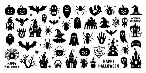 Obraz premium Ghosts and Halloween Icons Sticker Set with Bats, Pumpkins, Haunted Houses, Spiders, and Spooky Symbols on White Background