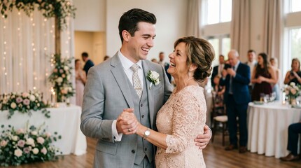 Groom and mother dancing at wedding reception. Happy son and mom sharing emotional moment on dance floor. Celebration of family love and togetherness during elegant formal event indoor