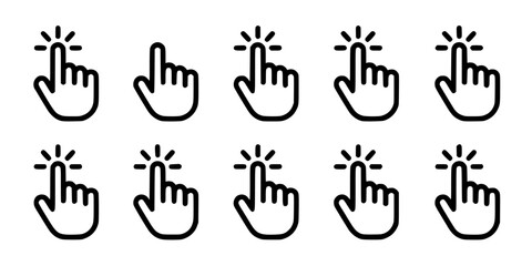 Fototapeta premium Hand Icon Set with Raised Index Finger and Small Spark Symbols, Simple Line Art Pictogram for Interface and Ui Use