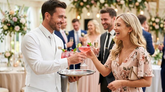 Waiter serving cocktail to a laughing woman at a wedding reception. Professional catering staff offering drinks to guest during celebration. Elegant social event with people drinking