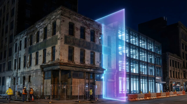 laser scan of brick building under renovation that has been modernized with a new glass curtain wall wing