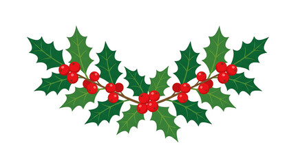 Christmas Holly Berries with Green Leaves Curved Branch Vector Illustration Decorative Holiday Arch Isolated on White Background