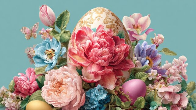 Ornate decorated egg nestles among a profusion of lush blooming springtime flowers