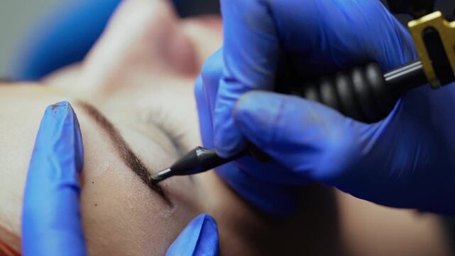 A close-up shot of a beautician hand in blue medical gloves making a microblading procedure on a young woman eyebrow in beauty salon.