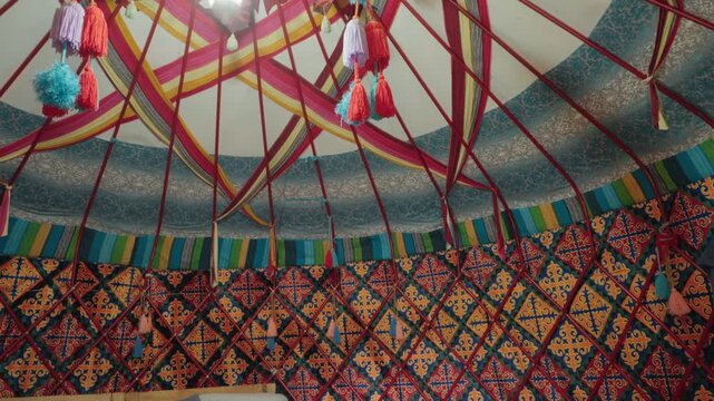 Colorful interior of a traditional Central Asian yurt, showcasing intricate patterns on the walls, a decorated ceiling with a lantern, and a simple wooden bunk bed for nomadic living
