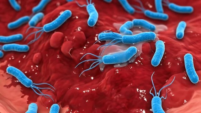 3d medical illustration of helicobacter pylori bacteria infecting the stomach lining, causing inflammation and gastric ulcers