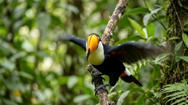Toco toucan perched on a branch in the atlantic forest, brazil the bird has a large, vibrant orange beak and black and white plumage, set against a lush green background
