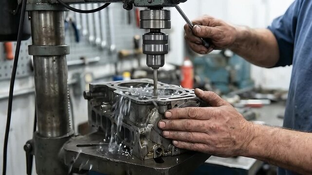 Professional mechanic or machinist drilling an engine cylinder head block on a drill press machine in an automotive repair workshop